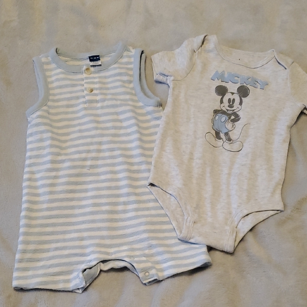 Disney Mickey Mouse Striped and Graphic Bodysuit Set - Light Blue and Gray